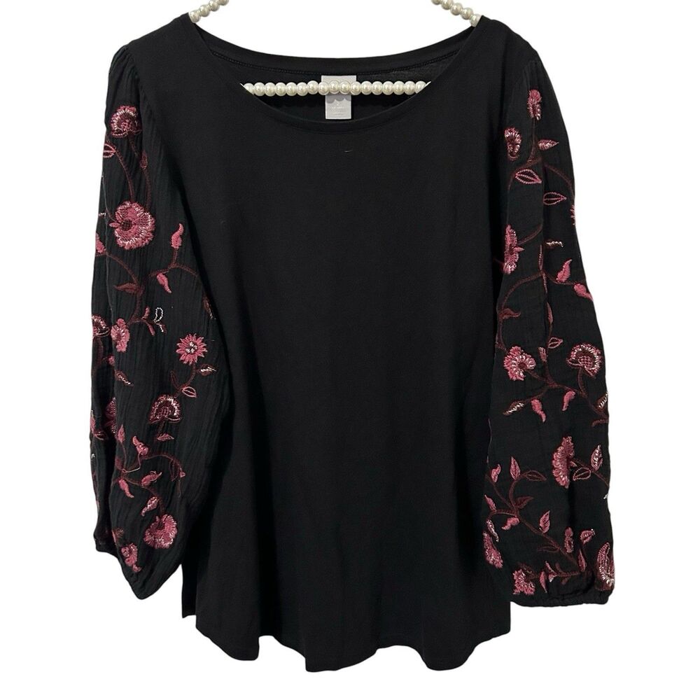 Chicos Womens Boho Cottagecore Prairie Puff Sleeve Top Size L Black Witchy Goth